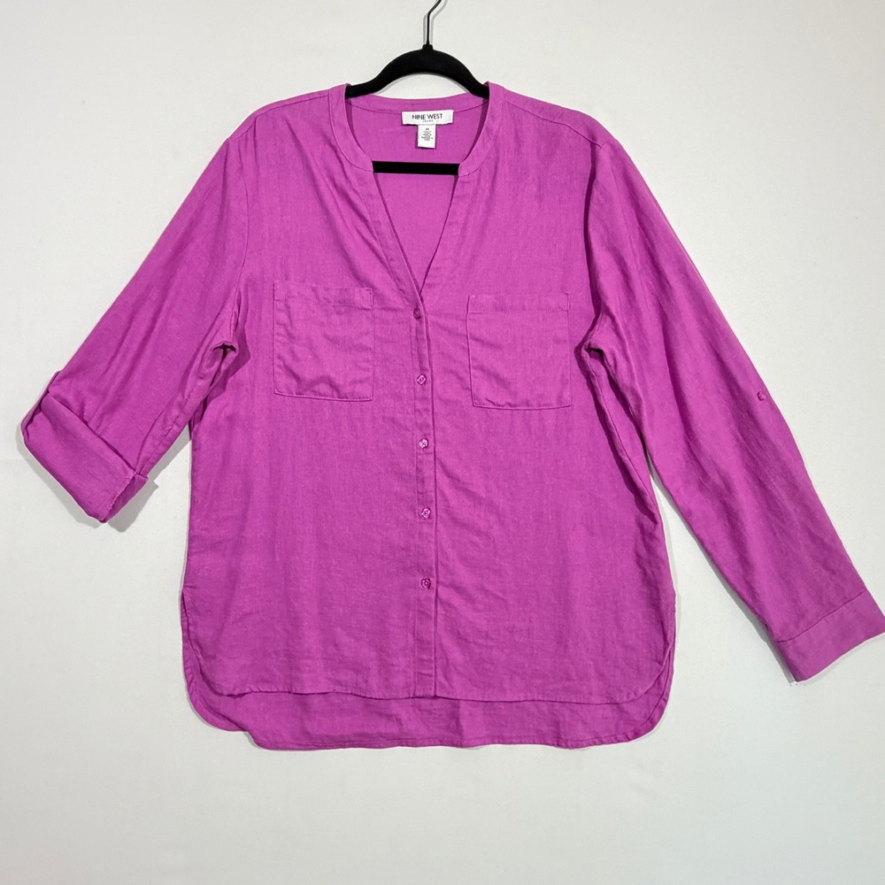 Nine West Womens Blouse M Purple Linen Blend Roll Tab Utility Shirt Coastal